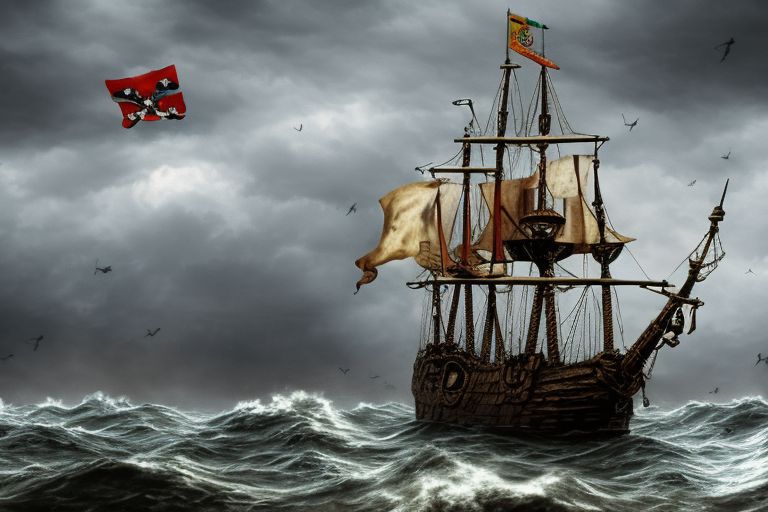 A pirate ship sailing across a stormy sea, with a skull-and-crossbones flag flying from its mast.