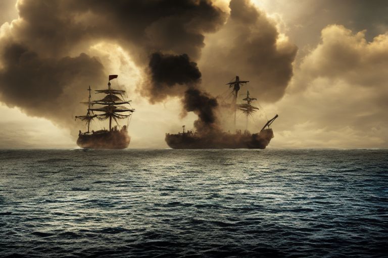 A pirate ship sailing across stormy seas towards an island with smoke rising from its shoreline - symbolizing potential danger ahead due to controversial collaboration between Moderna & UK Gov..