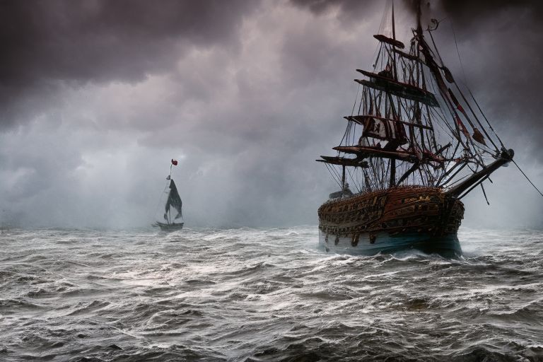 A pirate ship sailing through choppy waters during a fierce storm