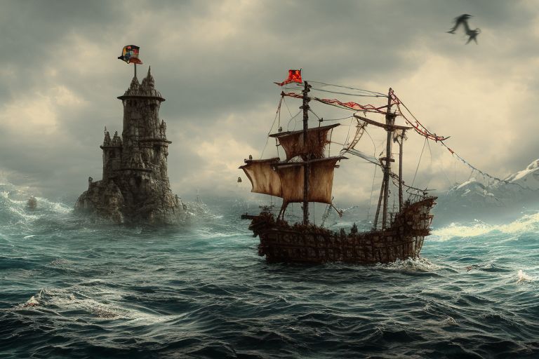 A pirate ship sailing through choppy waters towards an island with an ominous castle looming overhead