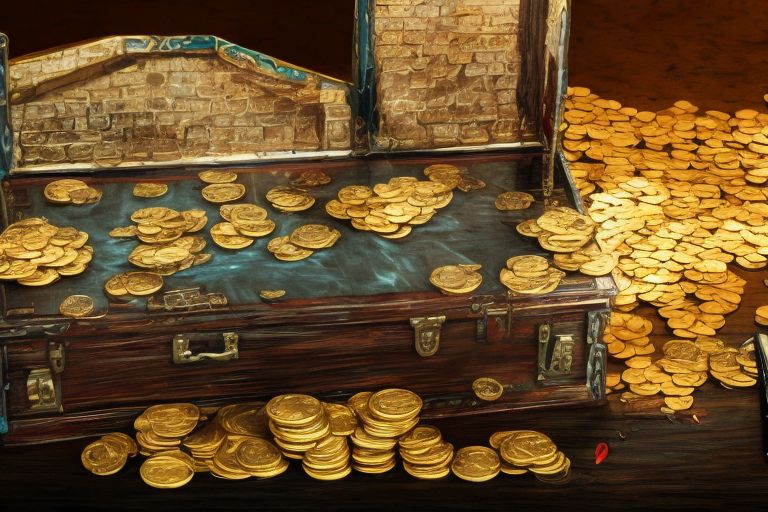 A pirate standing at a laptop typing away with an old-fashioned quill pen nearby and an open treasure chest overflowing with gold coins beside him.