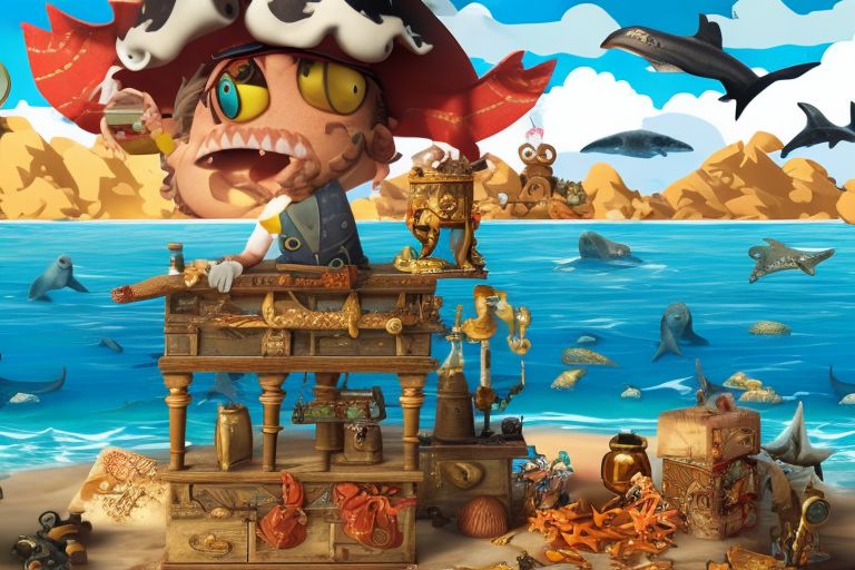 A pirate standing on a beach looking through his spyglass at an island filled with treasure chests surrounded by sea creatures like sharks and whales