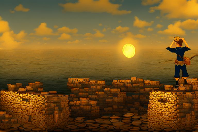 A pirate standing on top of a treasure chest full of gold coins with his telescope looking out towards a horizon filled with ships sailing away into unknown waters (all illustrated).