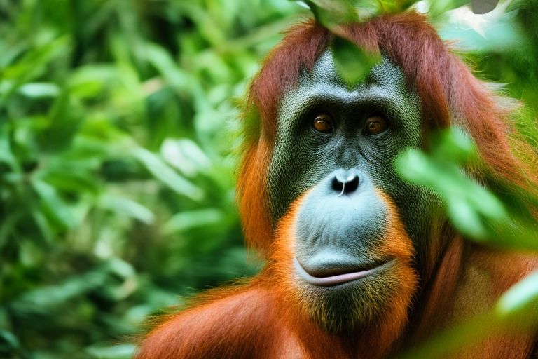 A portrait of an orangutan looking directly at the camera with a thoughtful expression on its face surrounded by green foliage