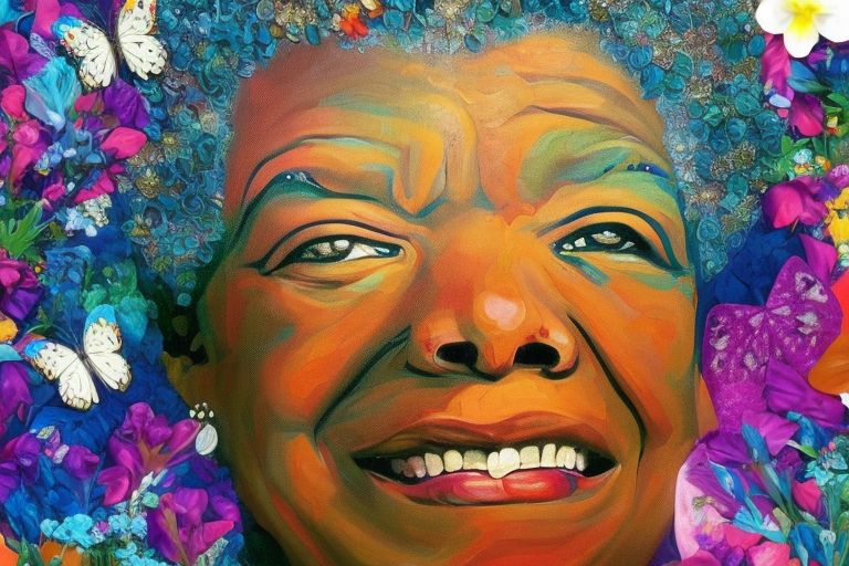 A portrait of Dr Maya Angelou surrounded by bright flowers and butterflies representing her inspiring words and legacy that will live on forever.