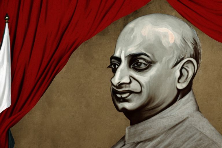 A portrait of Sardar Vallabhbhai Patel with the Indian flag draped behind him as a backdrop.