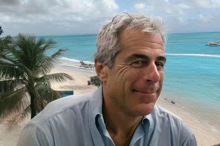 A portrait photo of Jeffrey Epstein smiling broadly with a tropical beach landscape in the background