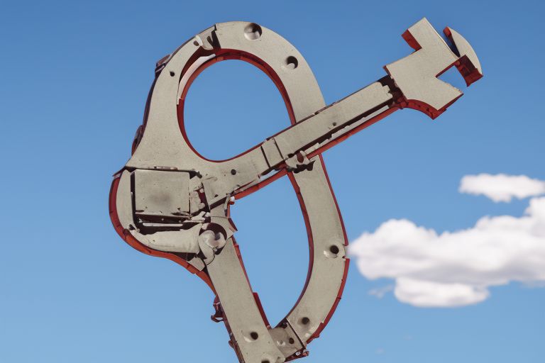 A robot arm holding up a question mark against a blue sky background