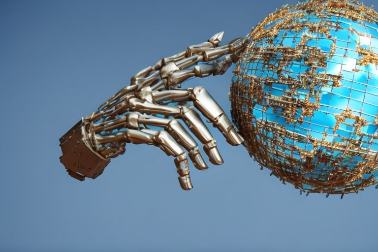 A robot hand holding a globe with a blue sky background representing Artificial Intelligence's potential impact on our world today