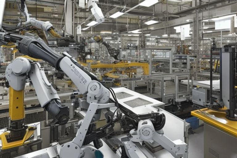 A robotic arm assembling parts on an assembly line with a caption reading "Robots Taking Over Our Jobs"