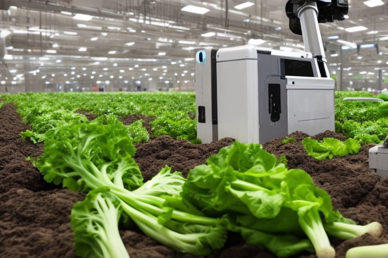 A robotic arm reaching out towards freshly harvested vegetables