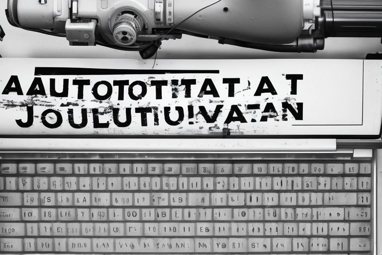 A robotic arm typing away at a keyboard with a headline reading "Automated Journalism" in bold letters above it.