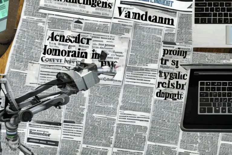 A robotic arm typing out an article on a computer keyboard surrounded by headlines from various newspapers warning of impending doom due to automation in journalism
