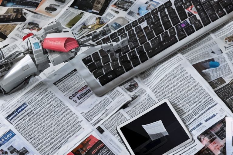 A robotic arm typing out an article on a computer keyboard surrounded by newspaper clippings