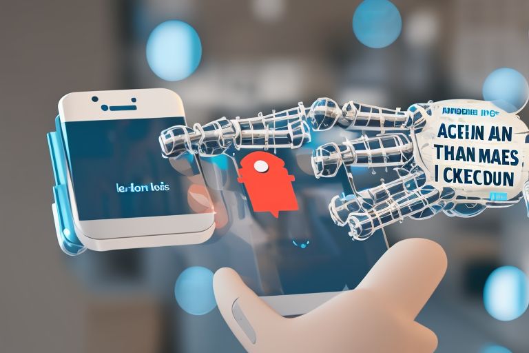 A robotic hand holding a smartphone displaying an AI generated bot account with text reading "Modern AI Makes It Easier Than Ever To Create Human-Like Bots"