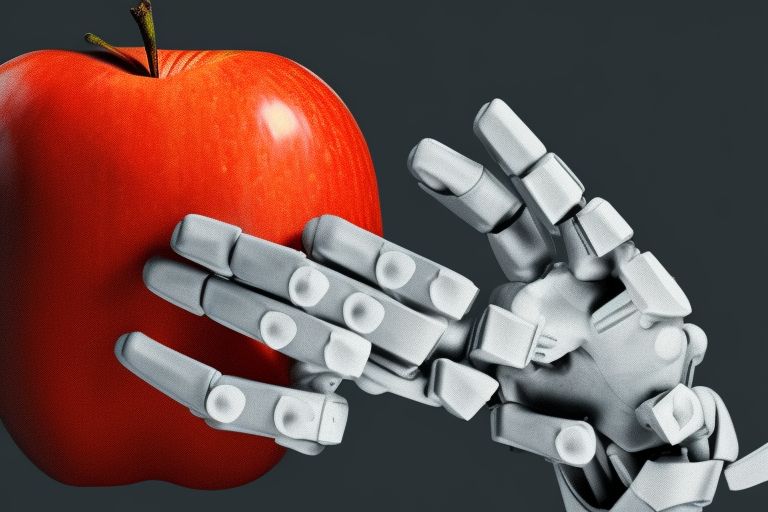 A robotic hand holding an apple against a black background - symbolizing knowledge versus ignorance