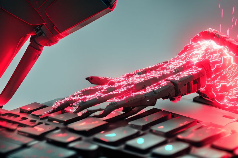 A robotic hand typing away at a keyboard with an ominous red glow emanating from its eyes