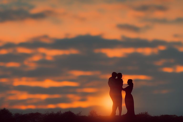 A romantic image of two people embracing each other in silhouette against a sunset sky background.