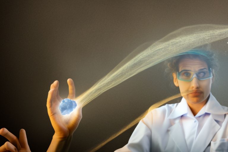 A scientist holding up a rock with light emanating from it while looking amazed