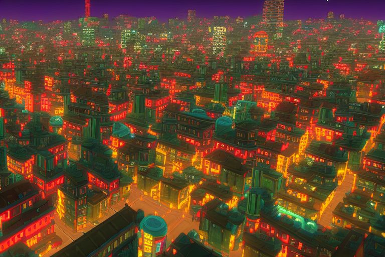 A screenshot from Cities Skylines depicting a bustling city skyline with various buildings lit up at night