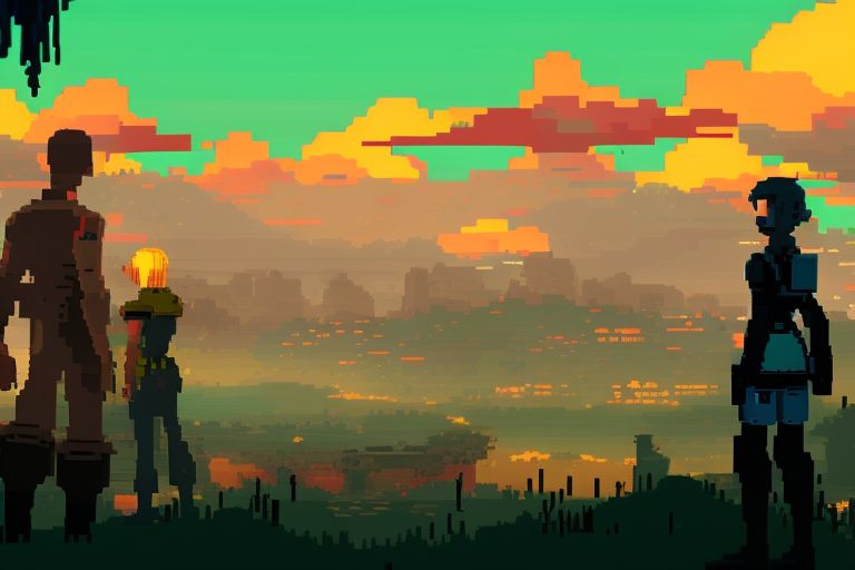 A screenshot from one of #24px's most popular games "Dusk World" featuring two characters standing against a vibrant sunset backdrop.