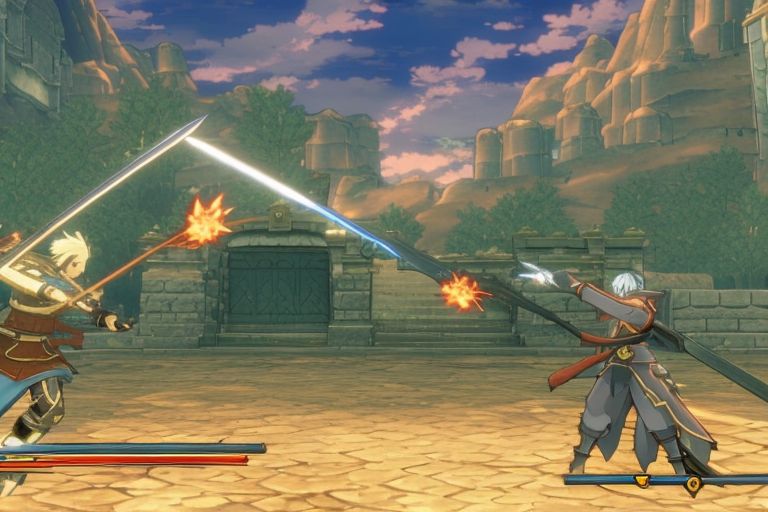 A screenshot from one of the levels in Fire Emblem showing two characters fighting each other with swords while smiling happily at each other