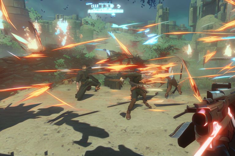 A screenshot from Silver Bullet showing a character shooting at enemies surrounded by obstacles