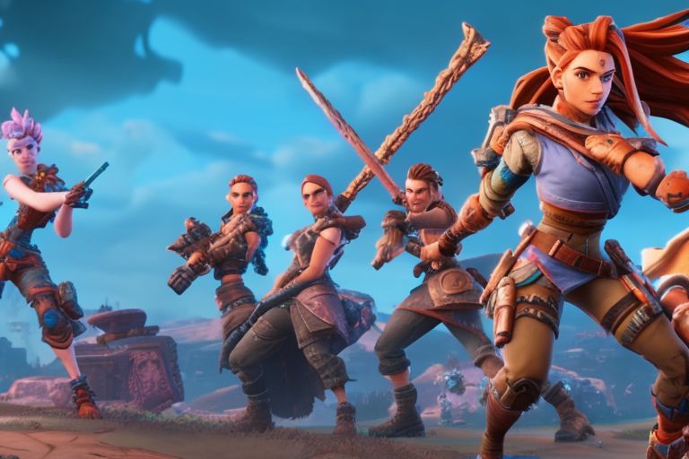 A screenshot of Aloy in action in Fortnite alongside other characters from different franchises