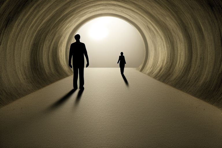 A silhouette image depicting an individual standing alone against a backdrop of darkness while reaching out towards another figure illuminated by light at the end of a tunnel-like path ahead them