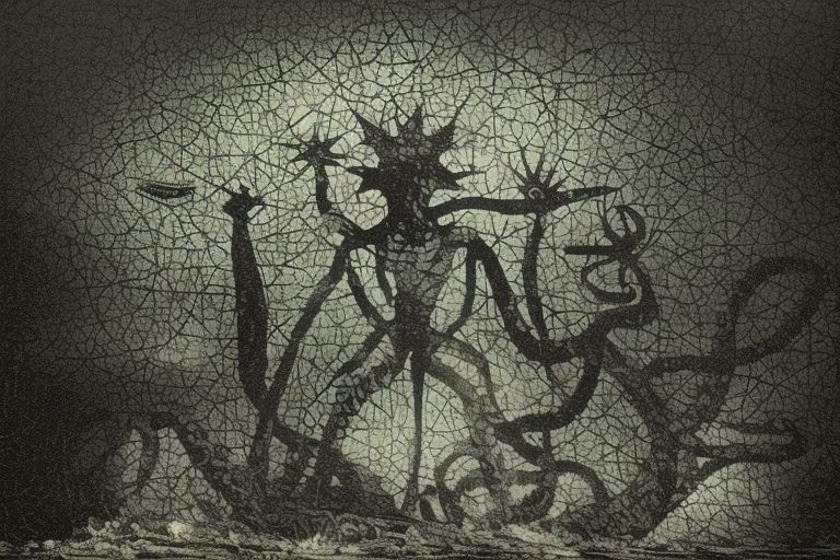 A silhouette image depicting Lady Liberty with a large tentacled monster behind her base