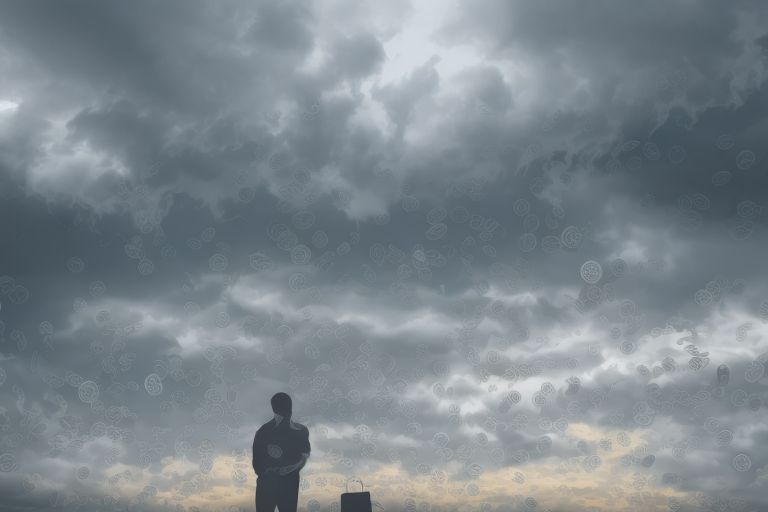 A silhouette image of a person holding a bag full of Bitcoins with an ominous sky behind them representing the uncertainty surrounding cryptocurrency investments today