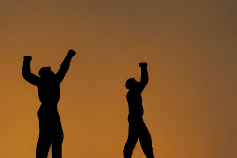 A silhouette image of someone standing tall while holding up two fists towards the sky in defiance against oppressive forces around them