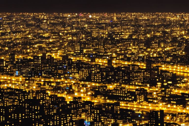 A silhouette of a city skyline illuminated by bright lights representing blockchain technology
