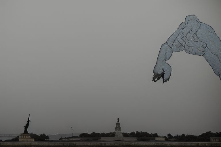 A silhouette of Lady Liberty with a giant creature looming beneath her feet