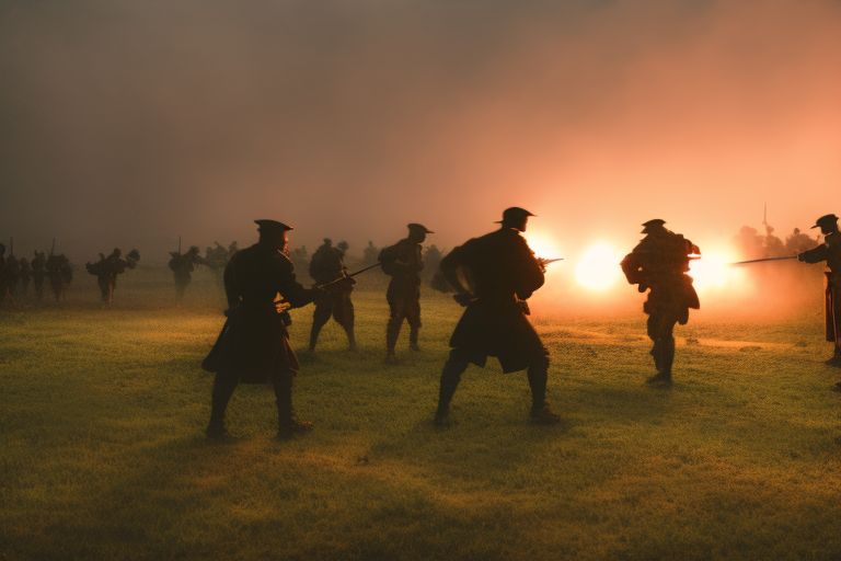 A silhouetted image of two armies facing off against each other in a field at nightfall with smoke rising from the ground beneath them.
