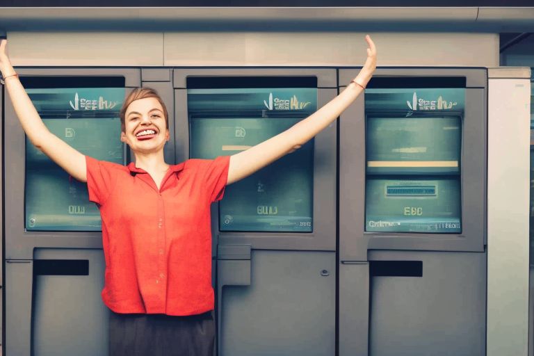 A smiling entrepreneur standing in front of an ATM machine with arms outstretched triumphantly