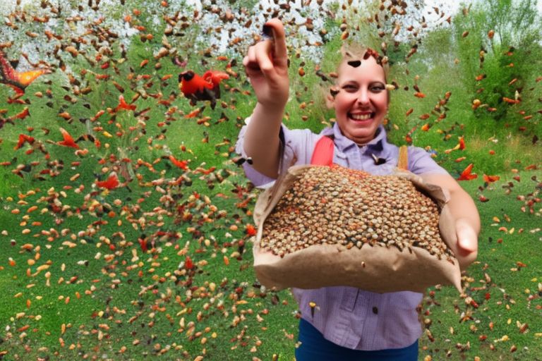 A smiling person holding two bags of birdseed with colorful birds flying around them in celebration