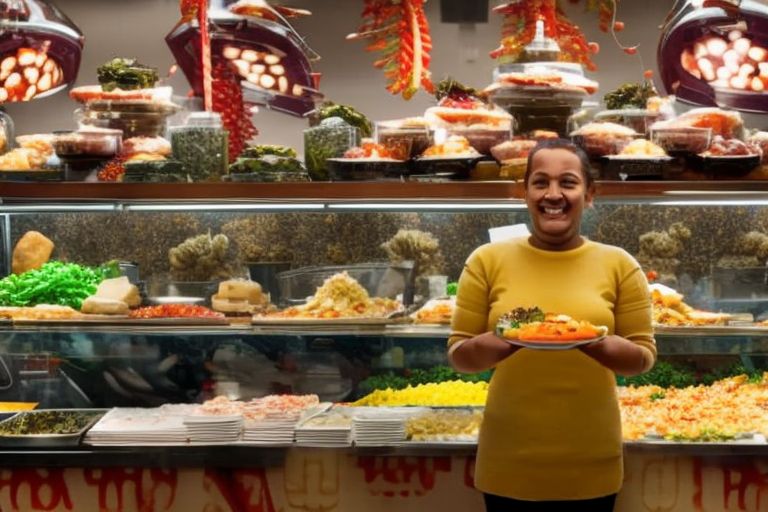 A smiling person standing in front of an unlimited buffet filled with food items.