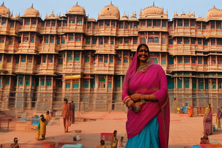 A smiling woman wearing traditional Indian clothing stands against a backdrop of colorful buildings in India's capital city Delhi