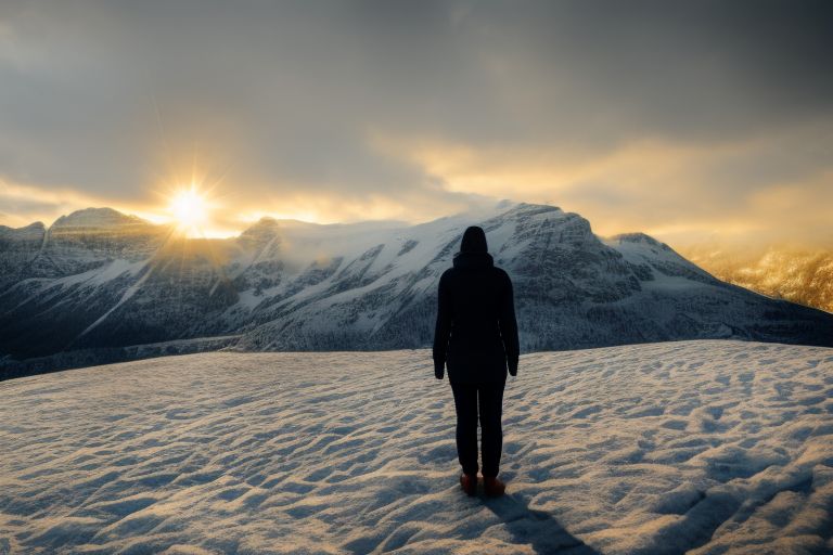 A snowy landscape with a person looking out into the distance at a mountain range shrouded in misty clouds with a sun peeking through them in the background.