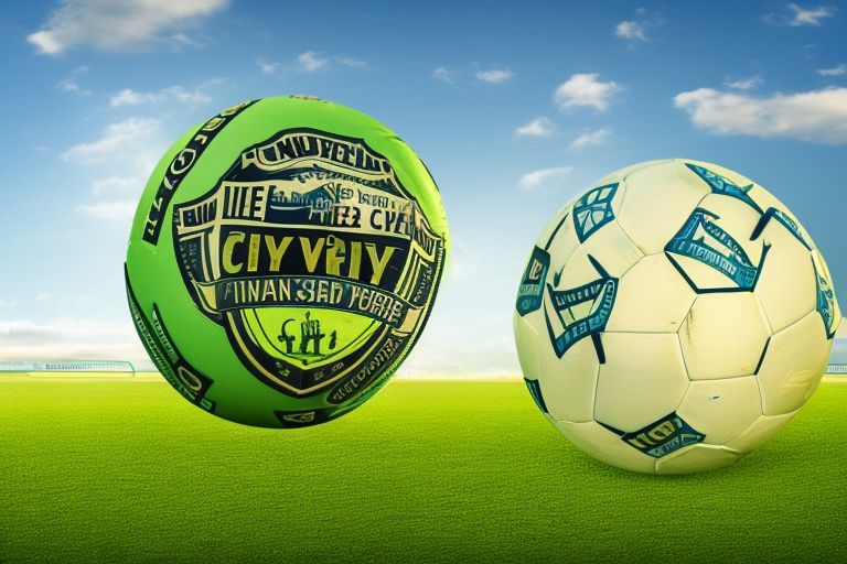 A soccer ball sitting atop a grassy field with "Man City v Liverpool" written across it in white text against a blue sky background