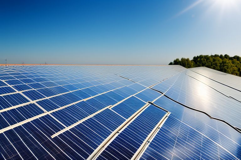 A solar panel array with blue sky background