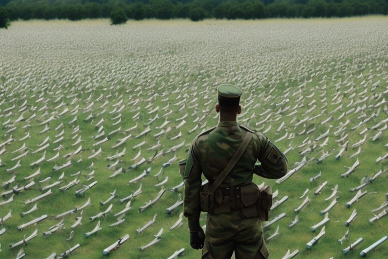 A soldier standing in front of a field full of weapons with their head bowed in sorrow.