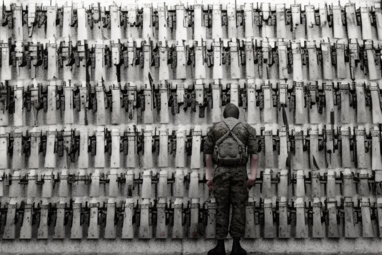A soldier standing in front of a wall of weapons with his head bowed in sorrow.