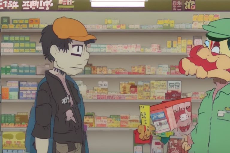 A still from one of Gagcoma’s recent skits featuring two cartoon characters discussing hyperinflation in Japan while shopping at a convenience store