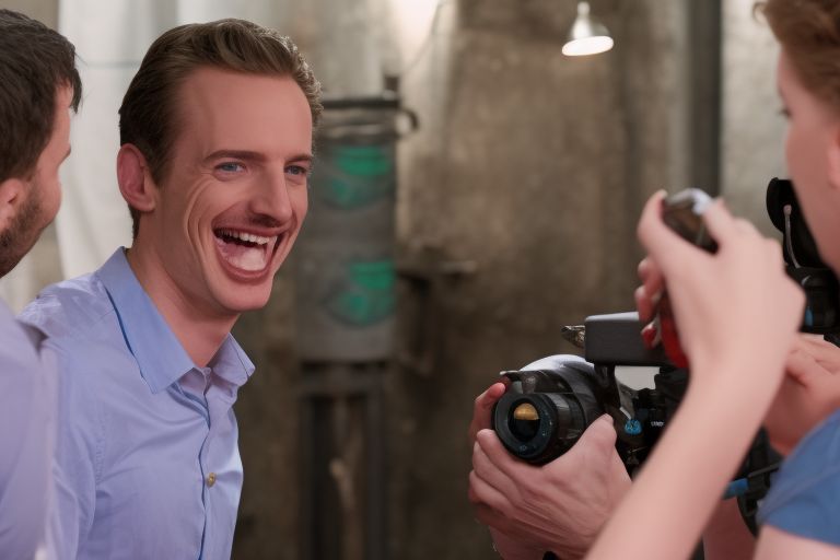 A still image from behind-the-scenes during filming with an actor laughing uncontrollably at something off camera