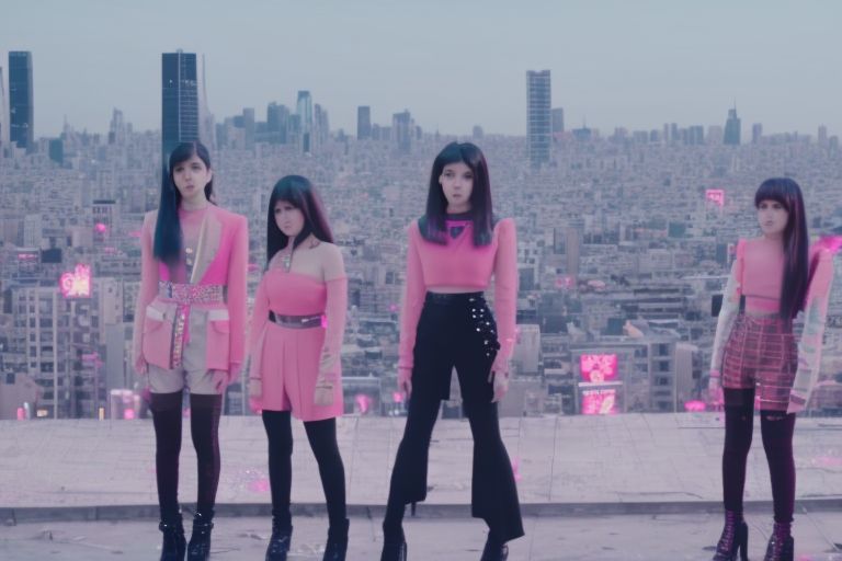 A still image from Blackpink's "DDU DU DDU DU" music video featuring all four members looking down sadly with a backdrop of a city skyline behind them