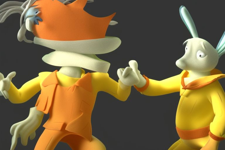 A still image from the failed animation featuring two 3D characters interacting with each other against a black background.