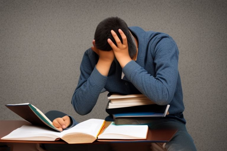 A student looking frustrated while trying to study textbooks