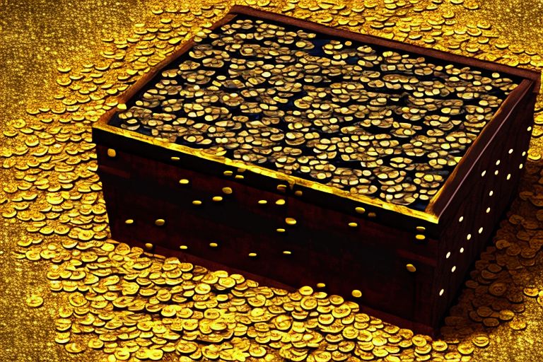 A treasure chest overflowing with gold coins surrounded by binary code